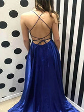 A-line Scoop Neck Satin Sweep Train Split Front Prom Dress